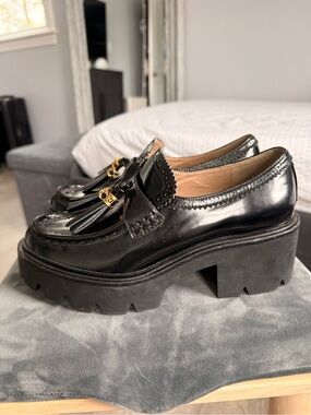 Sam Edelman Black Patent Platform Tassel Mules with Gold Buckle
